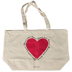New SEZANE Mon Amour Red Heart Beige Canvas Tote Bag Large Shopper